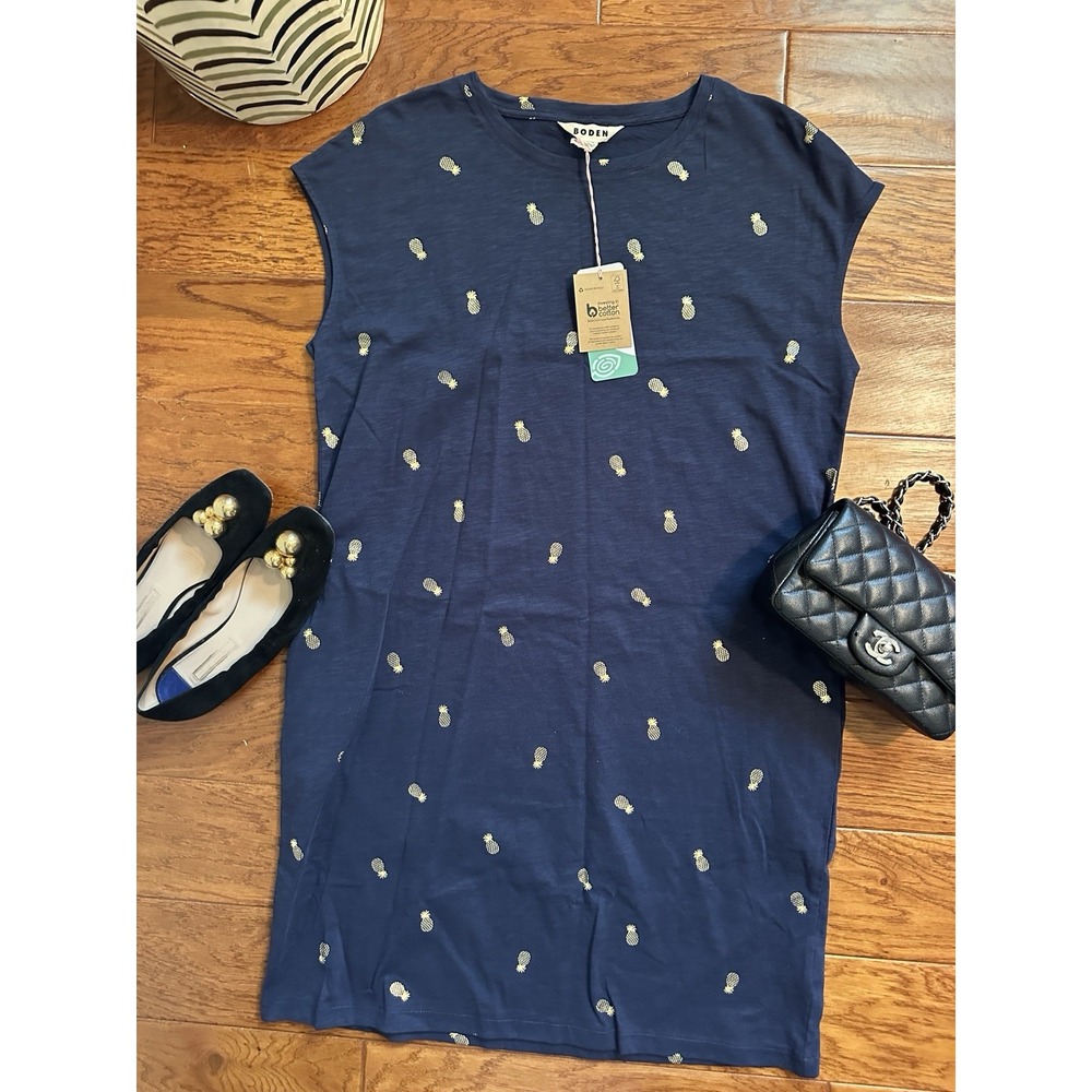 Boden NWT Womens 10R Gold Foil Pineapple Cotton T-Shirt Dress Navy Blue Pockets